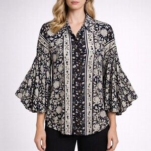 Aratta Silent Journey Floral Mixed Print Bell Sleeve Blouse Shirt Size Small